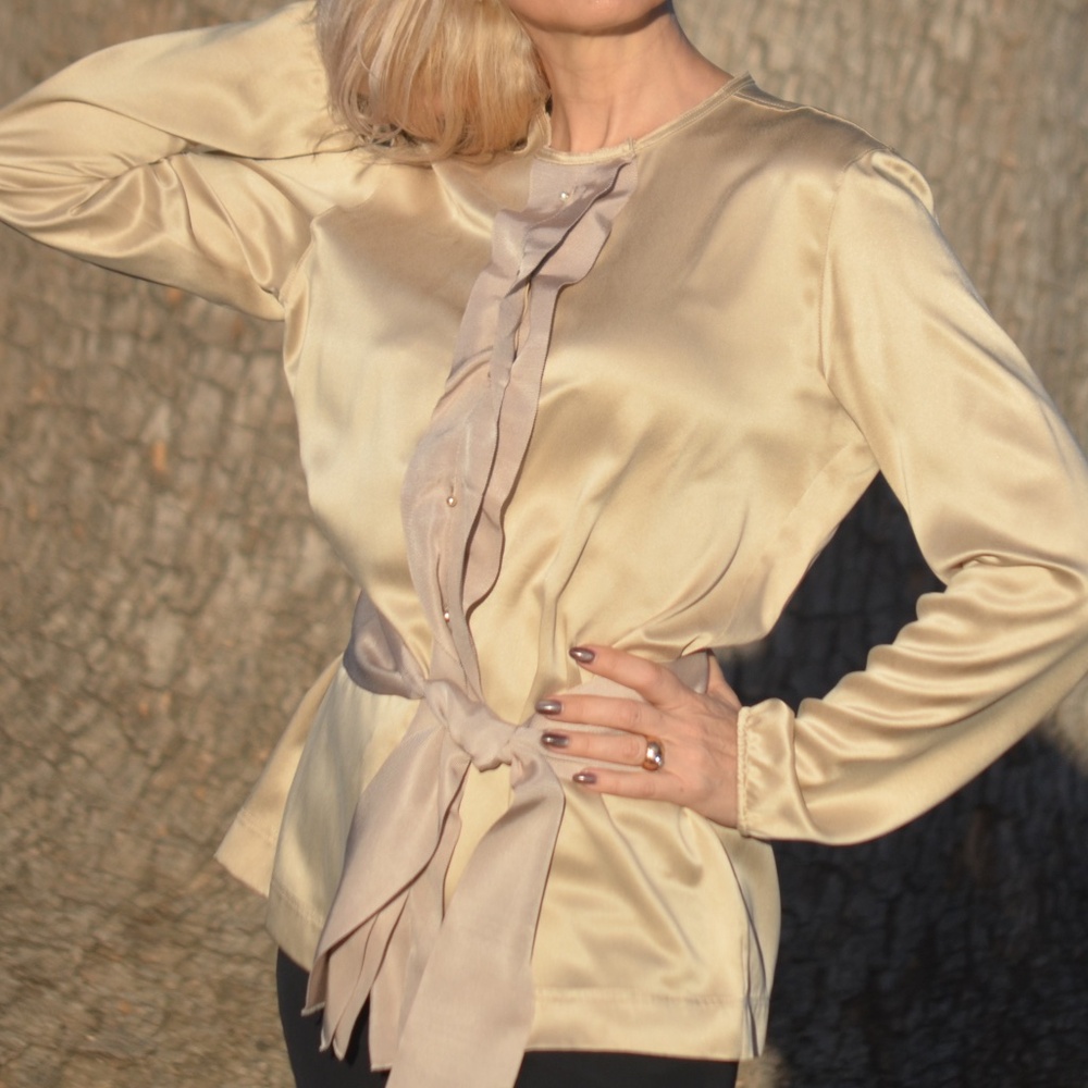 Lanvin Paris Pure Sin Blouse Beige Long Sleeve Belted Sz. 40 Vintage/Retro EUC